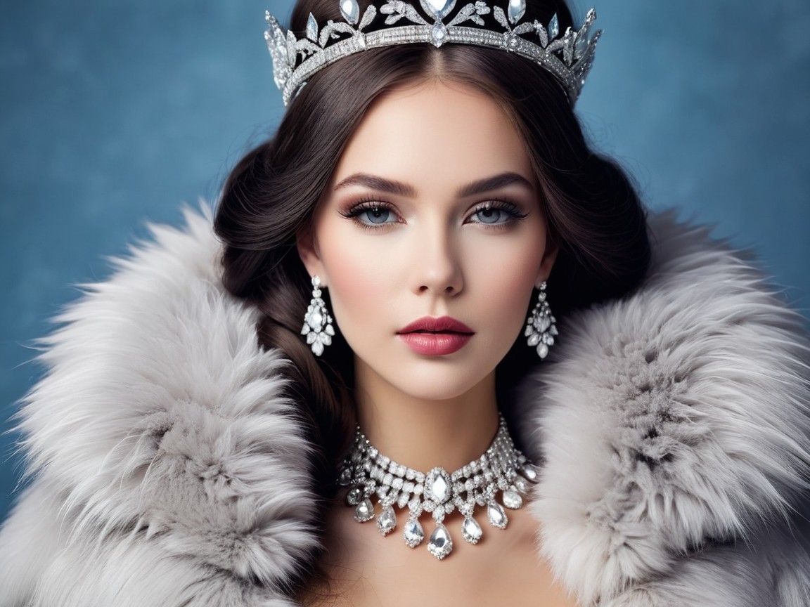 Elegant Young Woman in Jewelry and Fur Stole