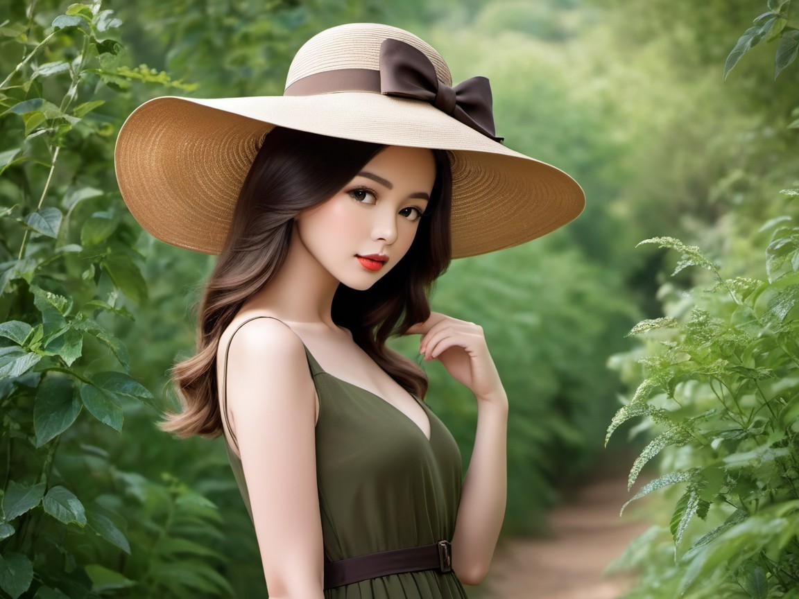 Young woman in olive dress on green pathway