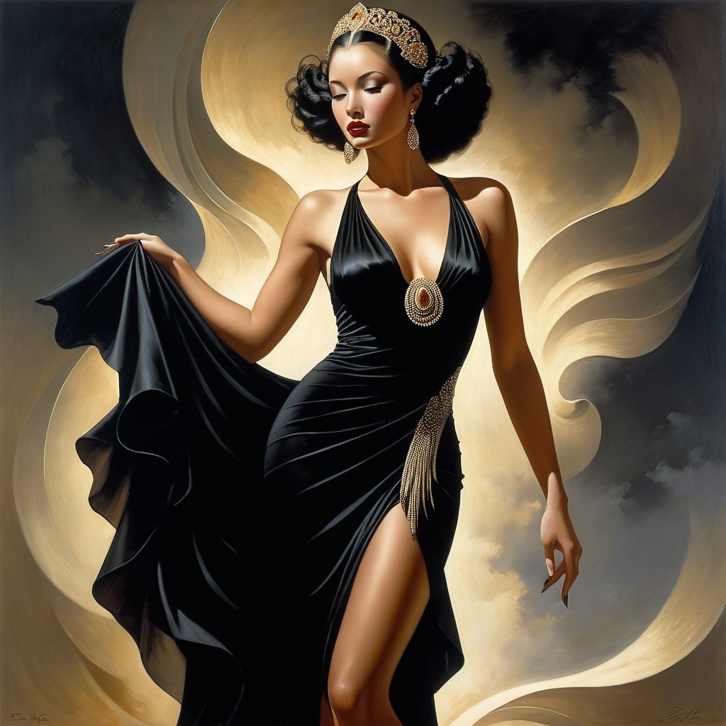 Glamorous Figure in Black Gown with Golden Backdrop
