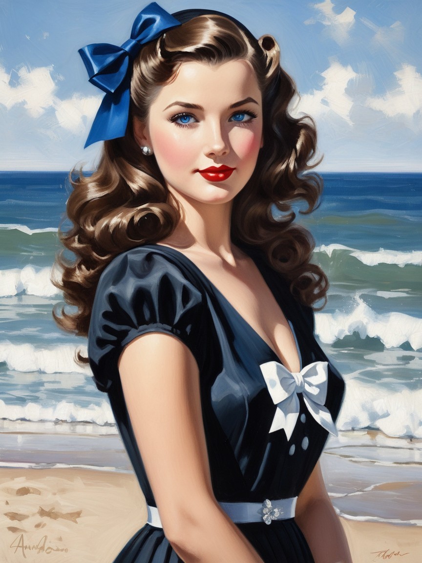 Beautiful Woman at Beach in Stylish Dress with Bow