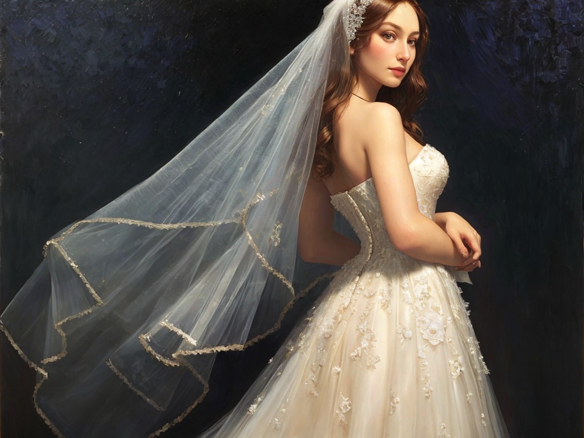 Young Woman in Floral Wedding Gown with Veil