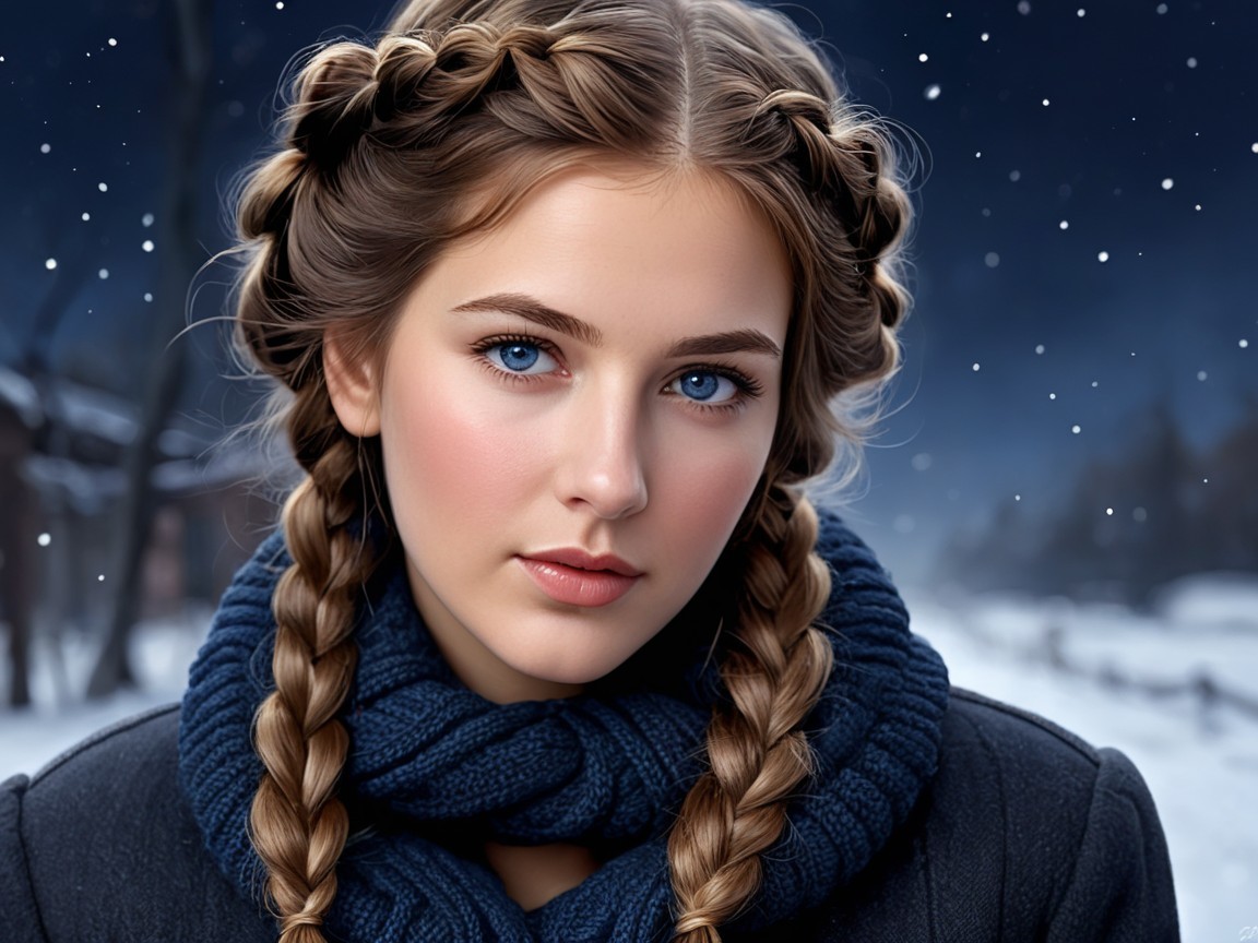 Young Woman in Snowy Landscape with Braided Hair