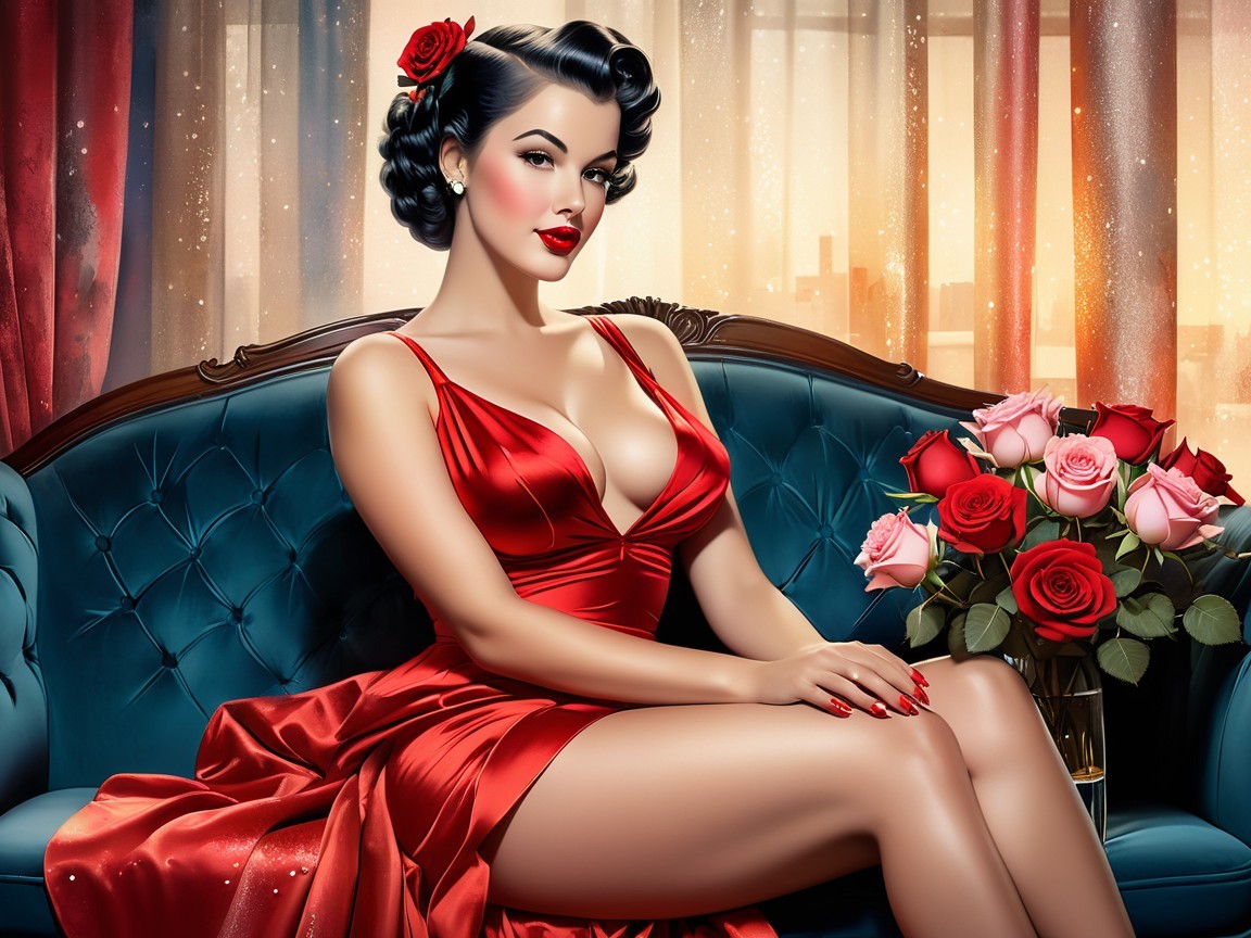 Glamorous Woman in Red Dress on Teal Sofa