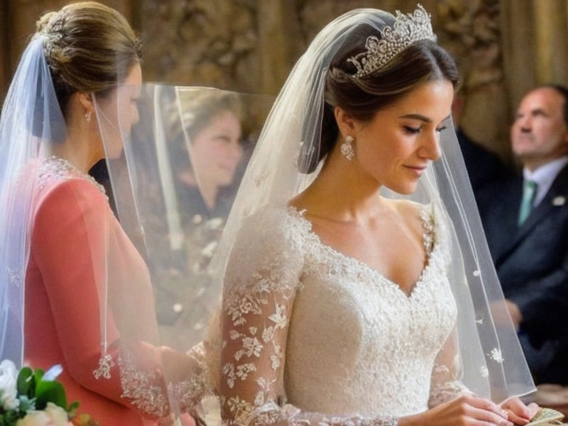 Elegant Bride in Lace Gown with Veil and Tiara