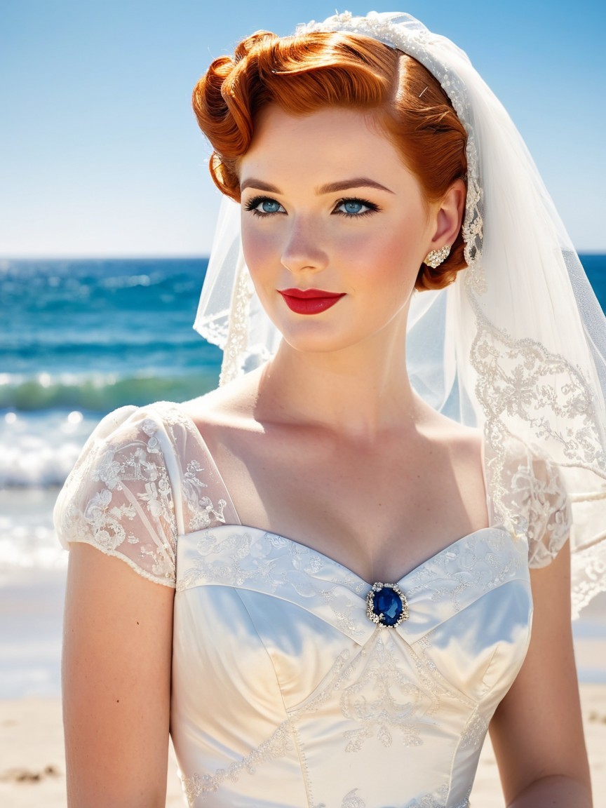 Bride in Satin Dress on Sunny Beach with Ocean View