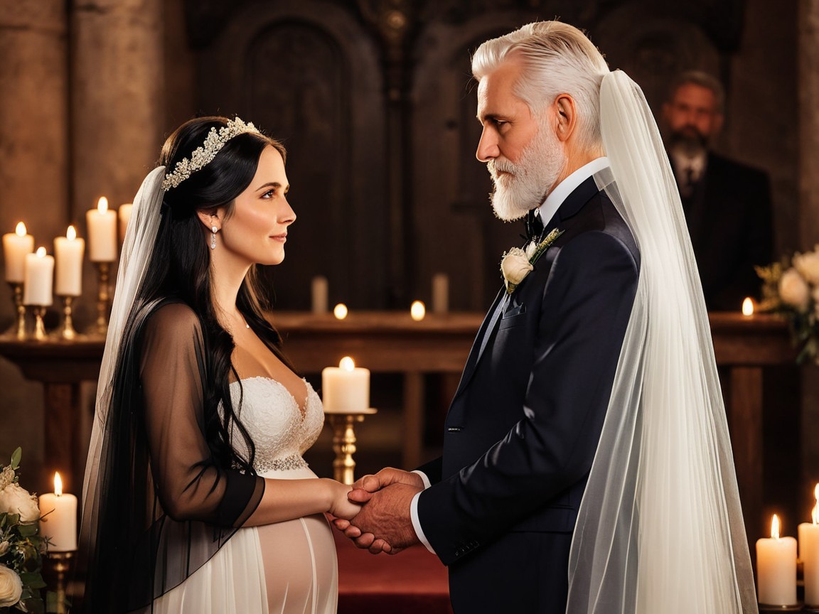 Couple at Wedding Altar with Pregnancy Reveal