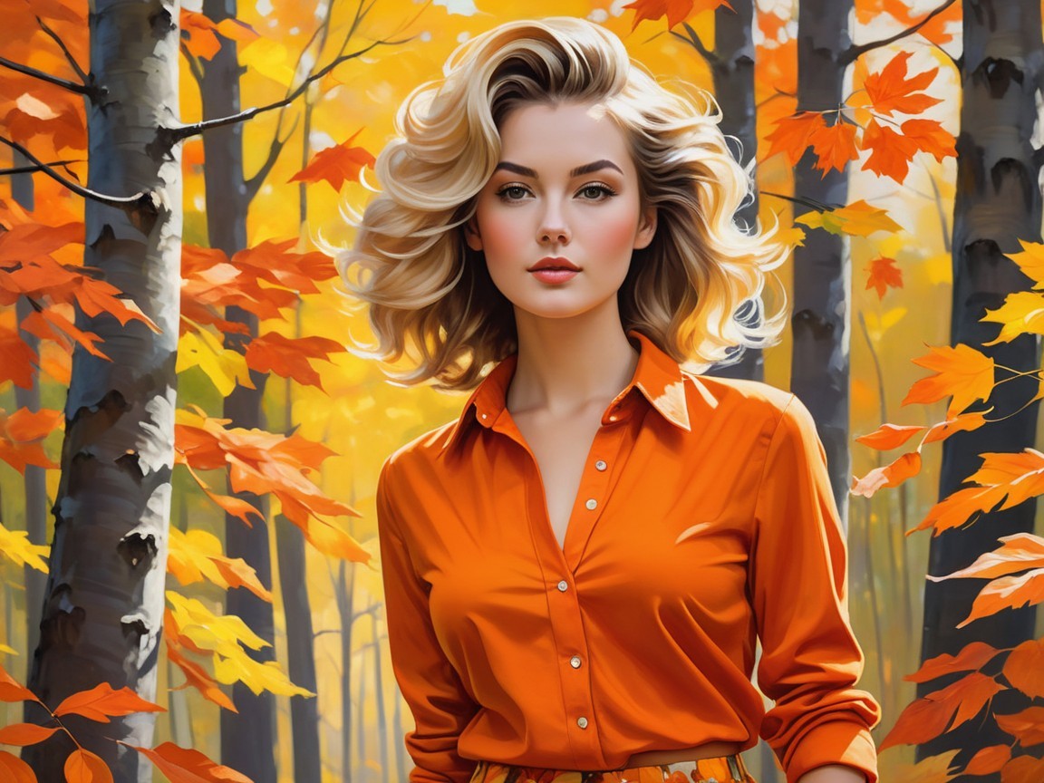 Young Woman in Vibrant Autumn Forest Setting