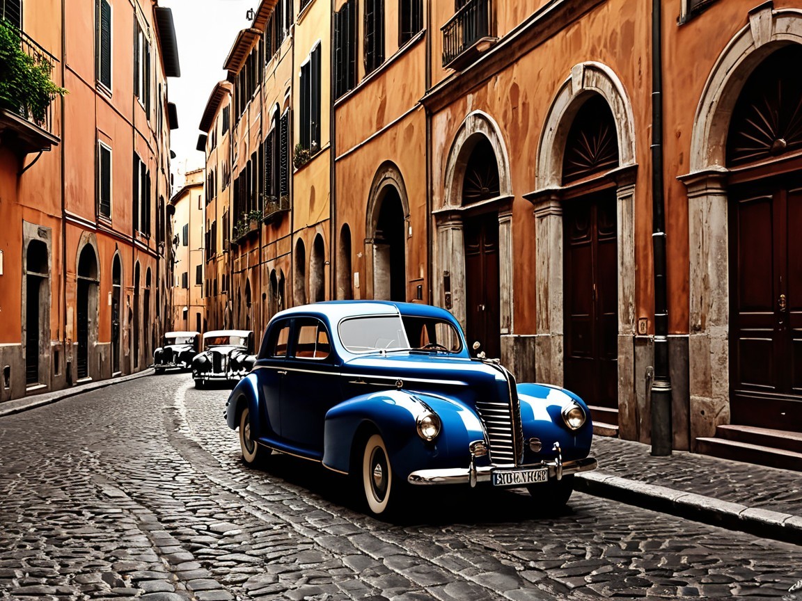 Vintage Blue Car on Cobblestone Street with Historic Buildings
