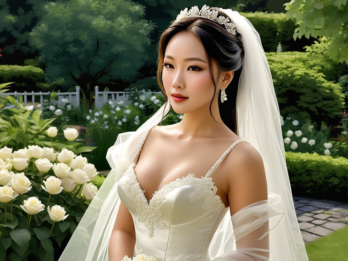 Bride in Elegant Gown Surrounded by Blooming Roses