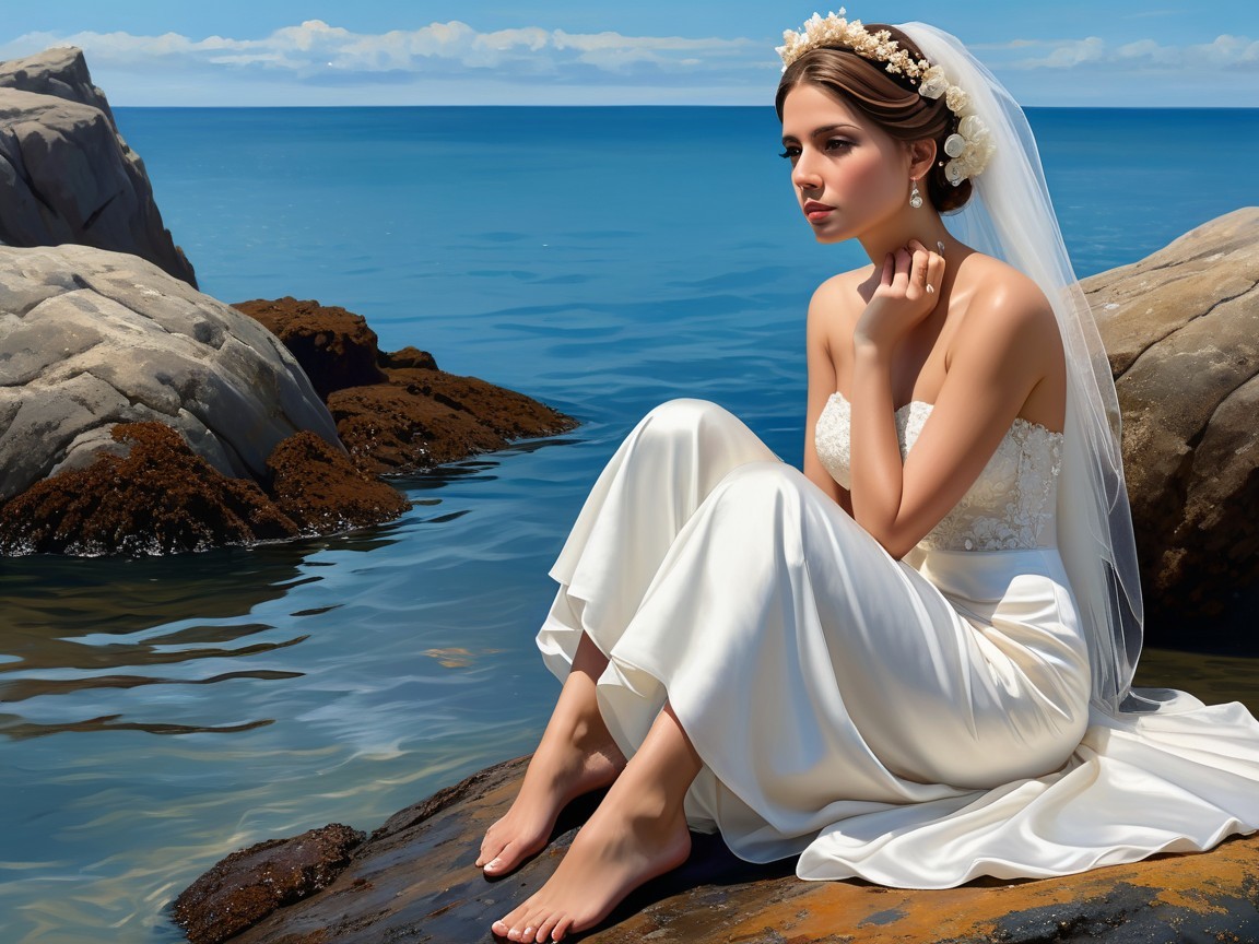 Bride in Elegant Gown on Rocky Shore by Ocean