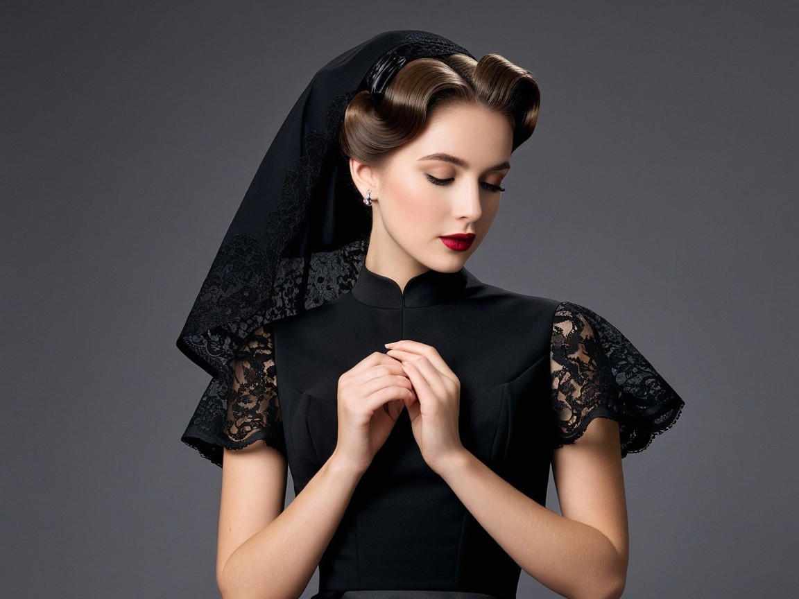 Elegant Woman in Black Outfit with Lace Sleeves