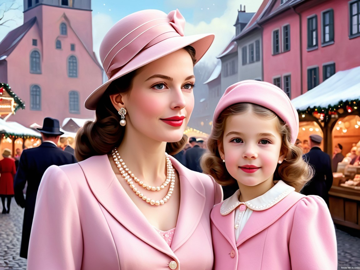 Charming Winter Scene with Mother and Daughter in Pink