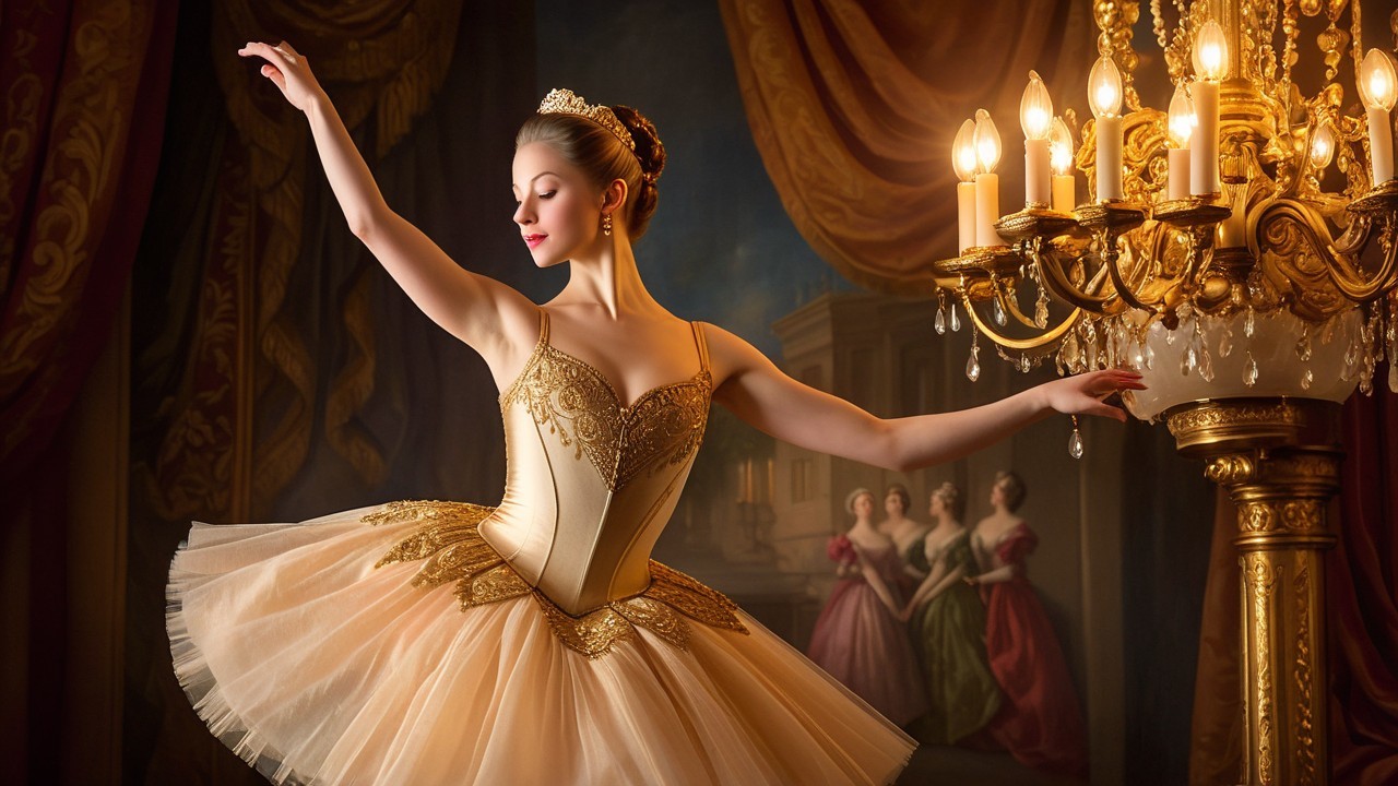 Ballerina in Gold Tutu Posing Under Chandelier