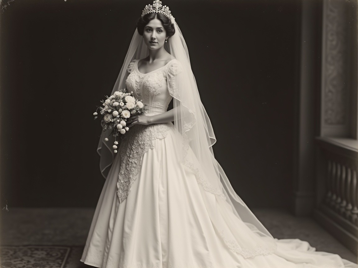 Elegant Bride in Vintage Setting with Lace Gown