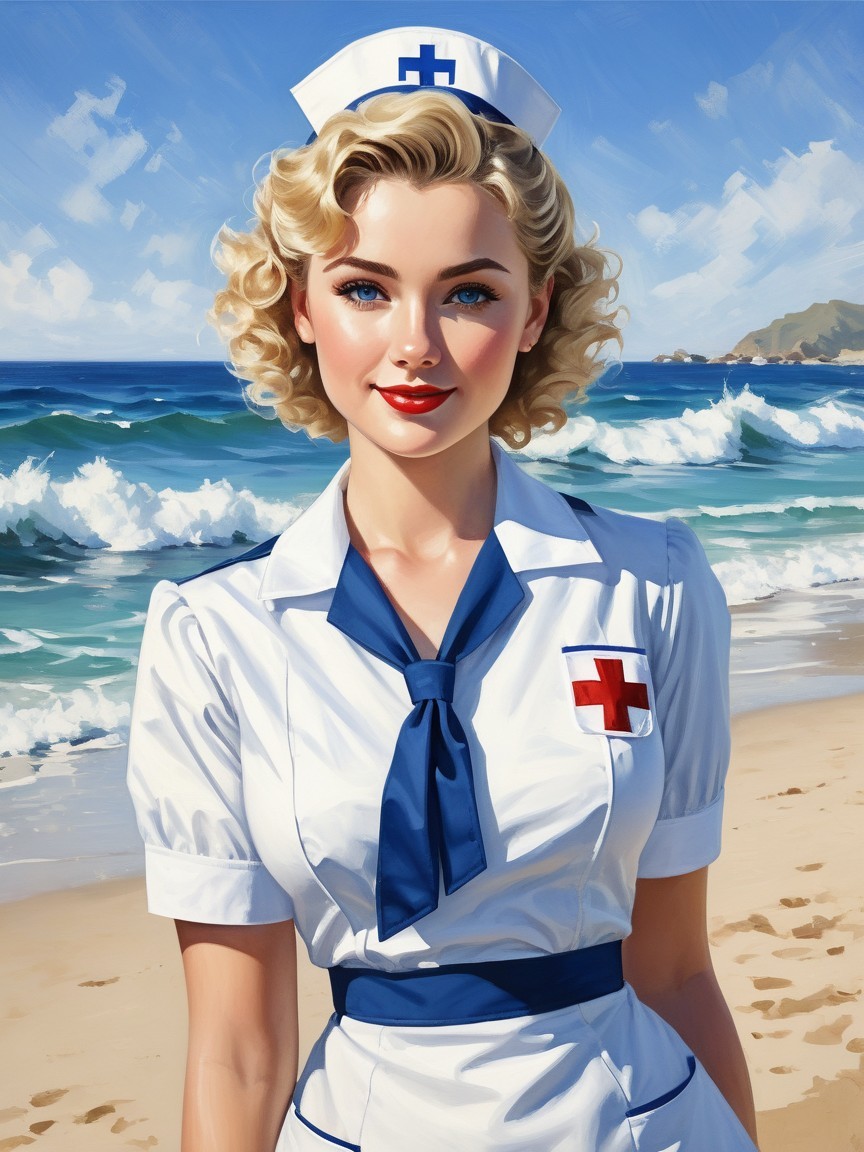 Vintage Nurse Illustration at the Beach with Scenic View