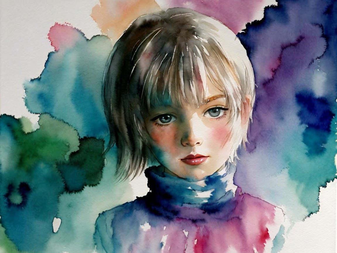 Watercolor Painting of a Young Girl with Ethereal Background
