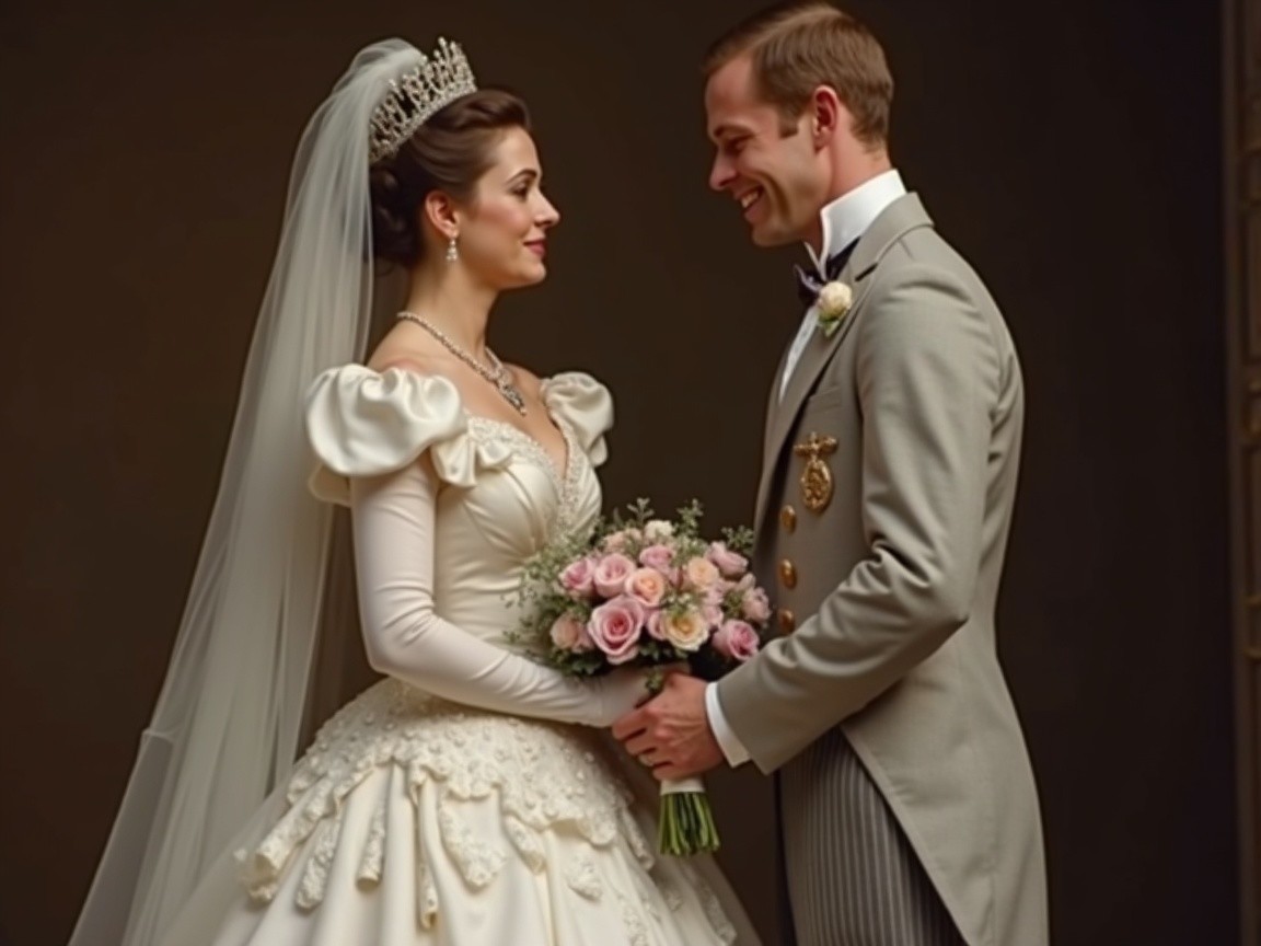 Bride and groom share joyful moment in elegant attire