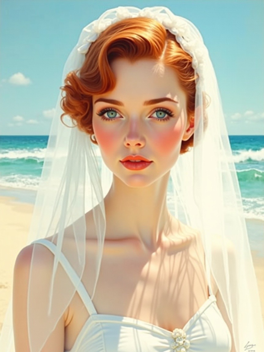 Bride on Beach with Red Hair and Elegant Dress