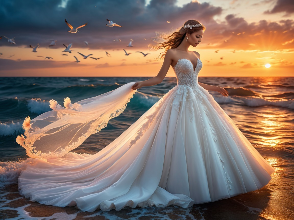 Bride in Strapless Gown at Sunset by the Sea