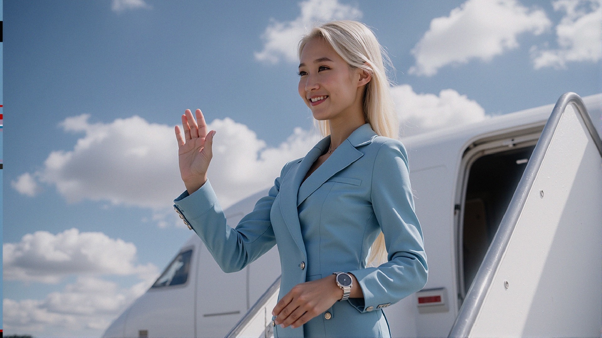 Woman in blue suit by a private jet under blue sky