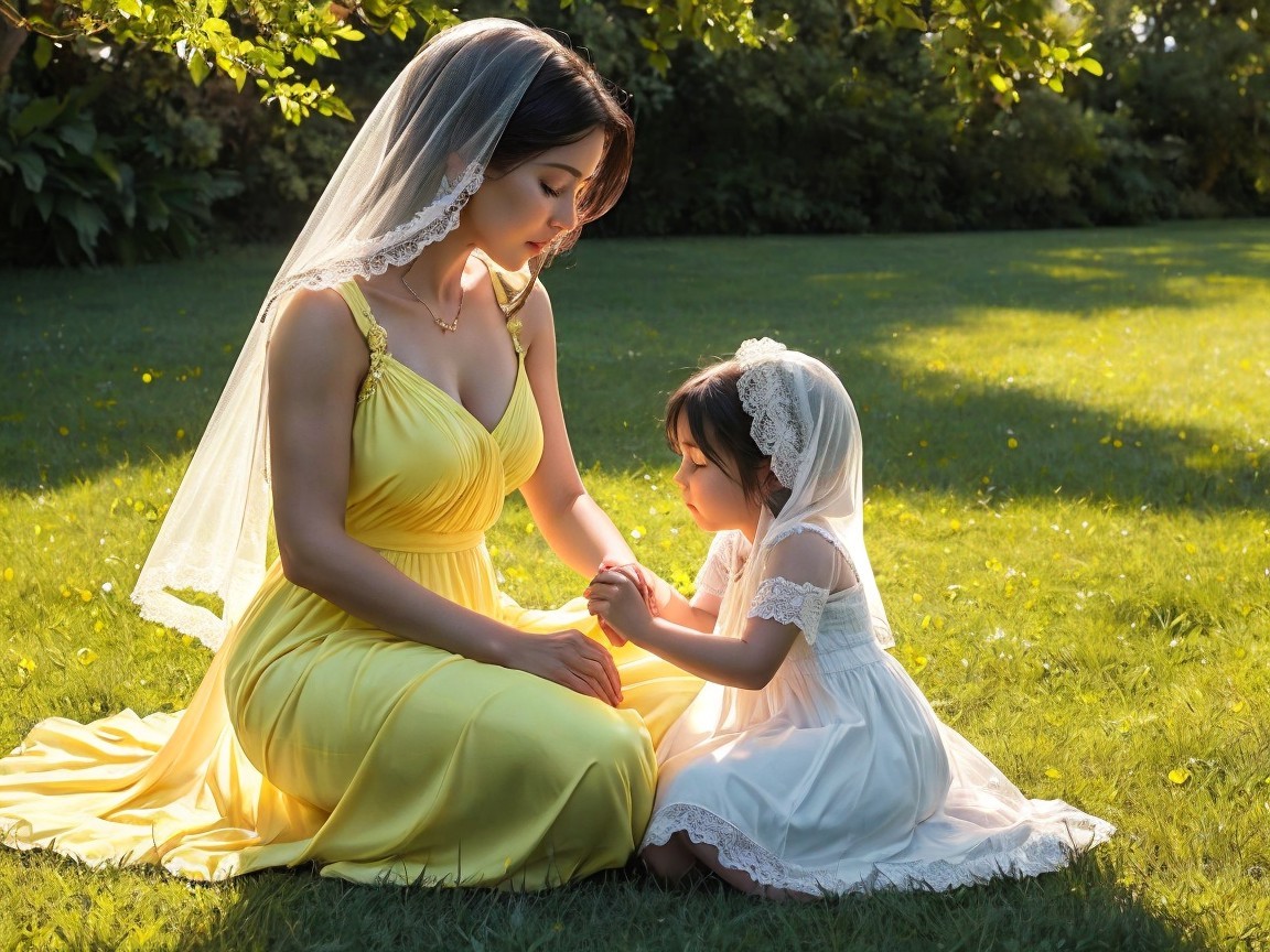 Mother and daughter in sunlit lawn moment