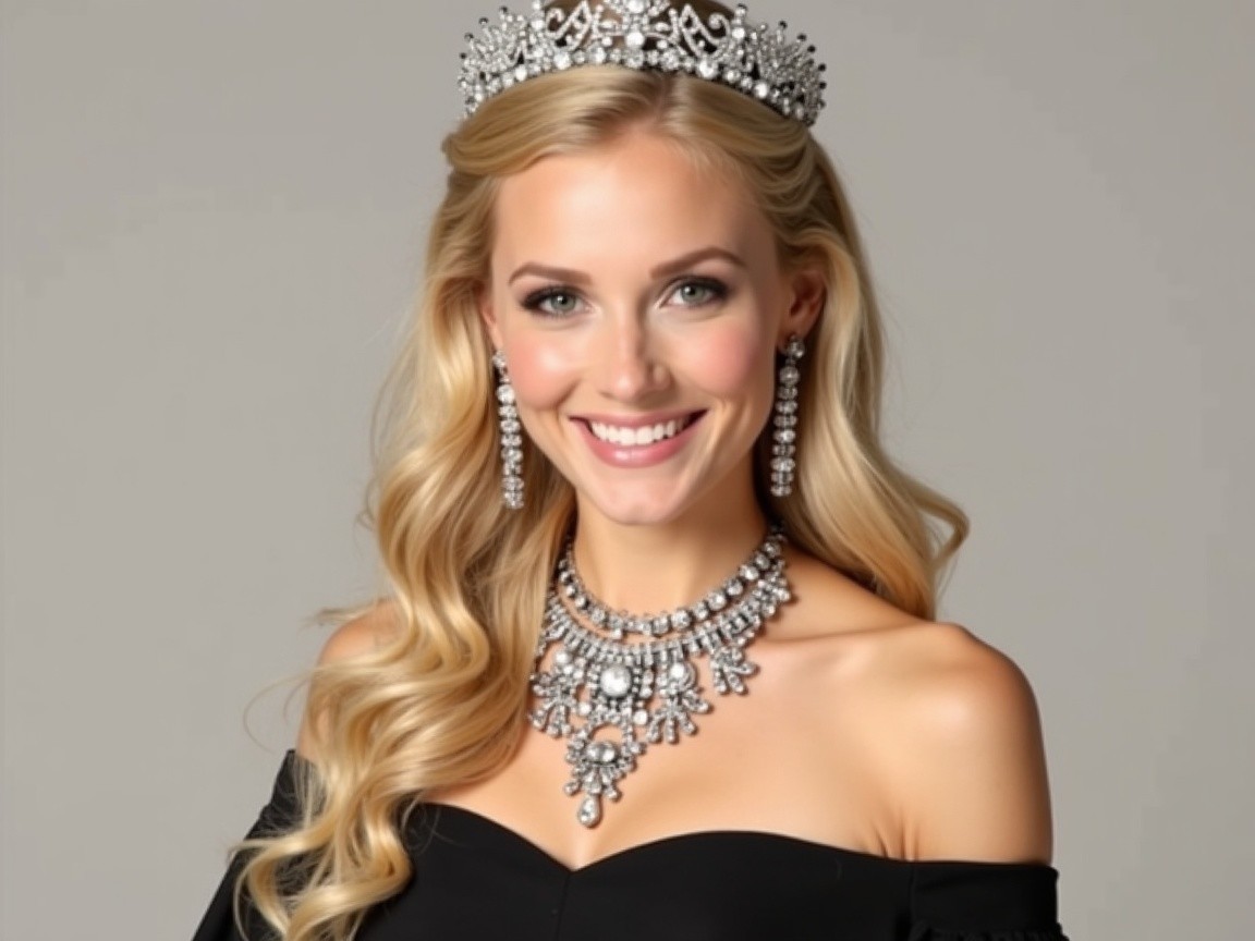 Glamorous Woman in Elegant Black Dress and Tiara
