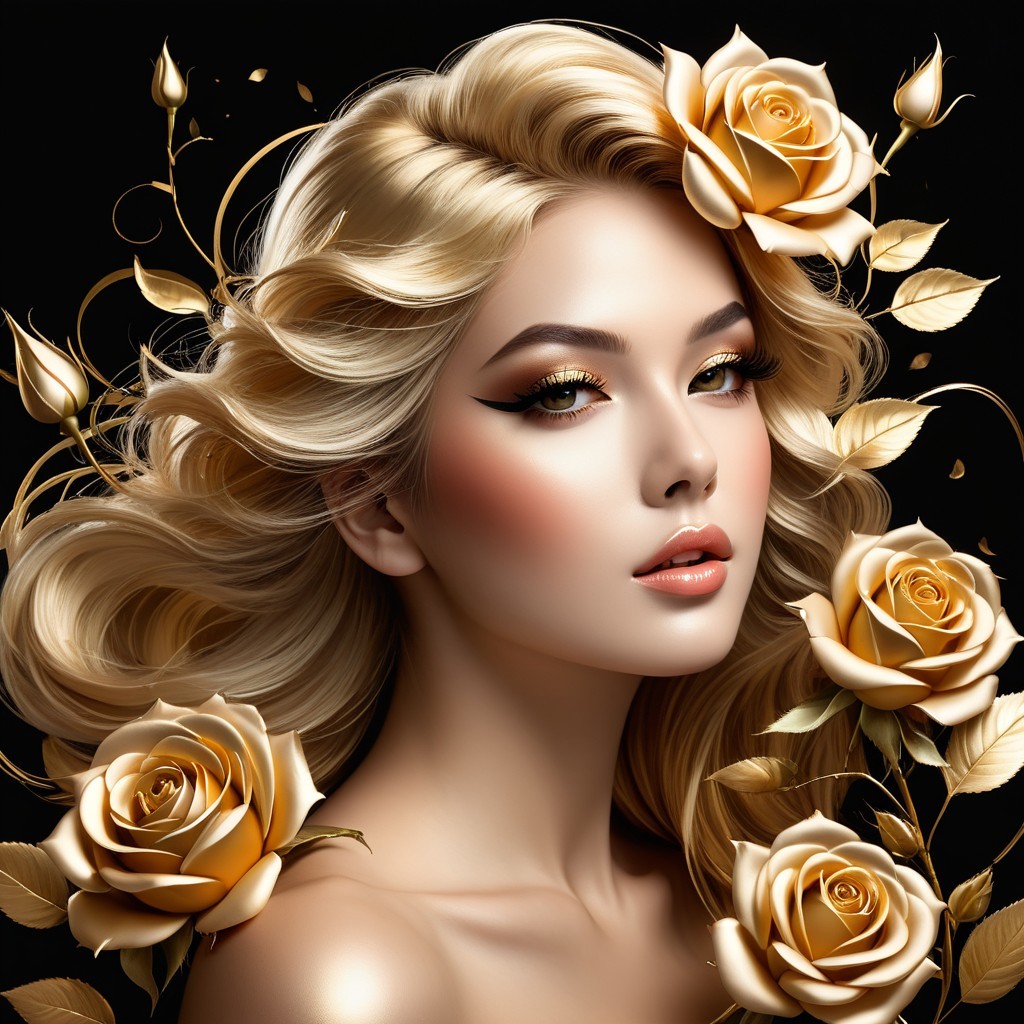 Portrait of a woman with blonde hair and golden roses