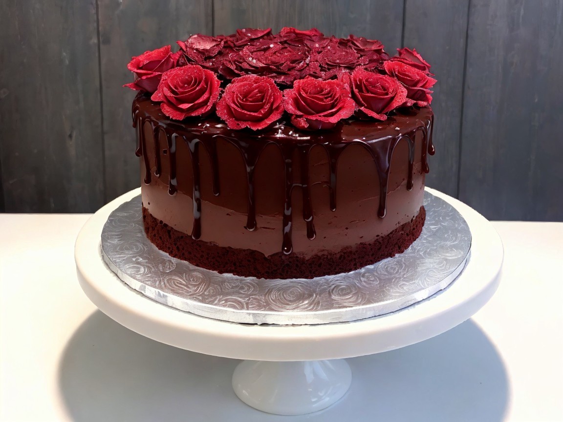 Elegant Chocolate Cake with Ganache and Roses
