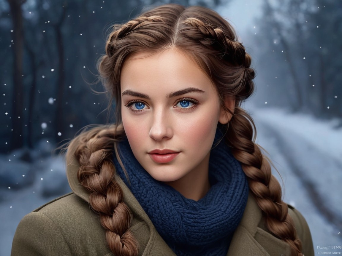 Young Woman in Snowy Landscape with Braided Hair