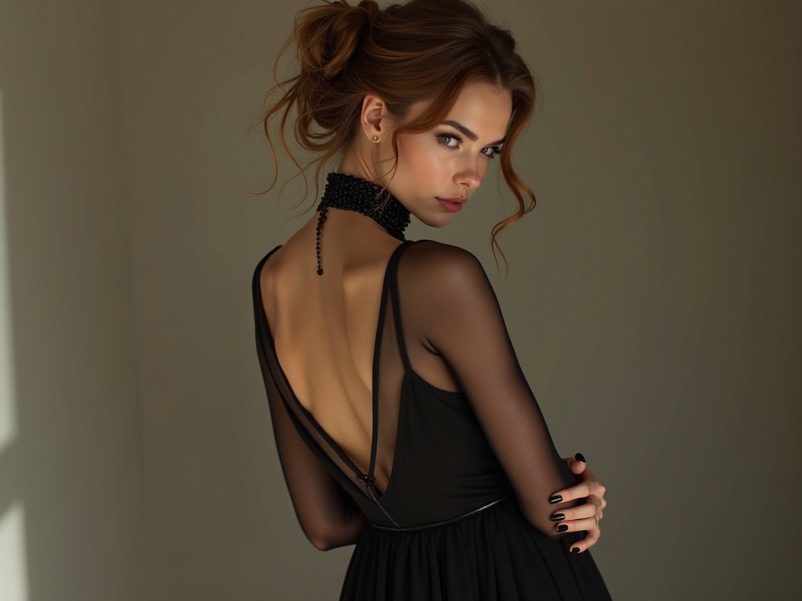 Elegant Black Dress with Low Back and Soft Lighting