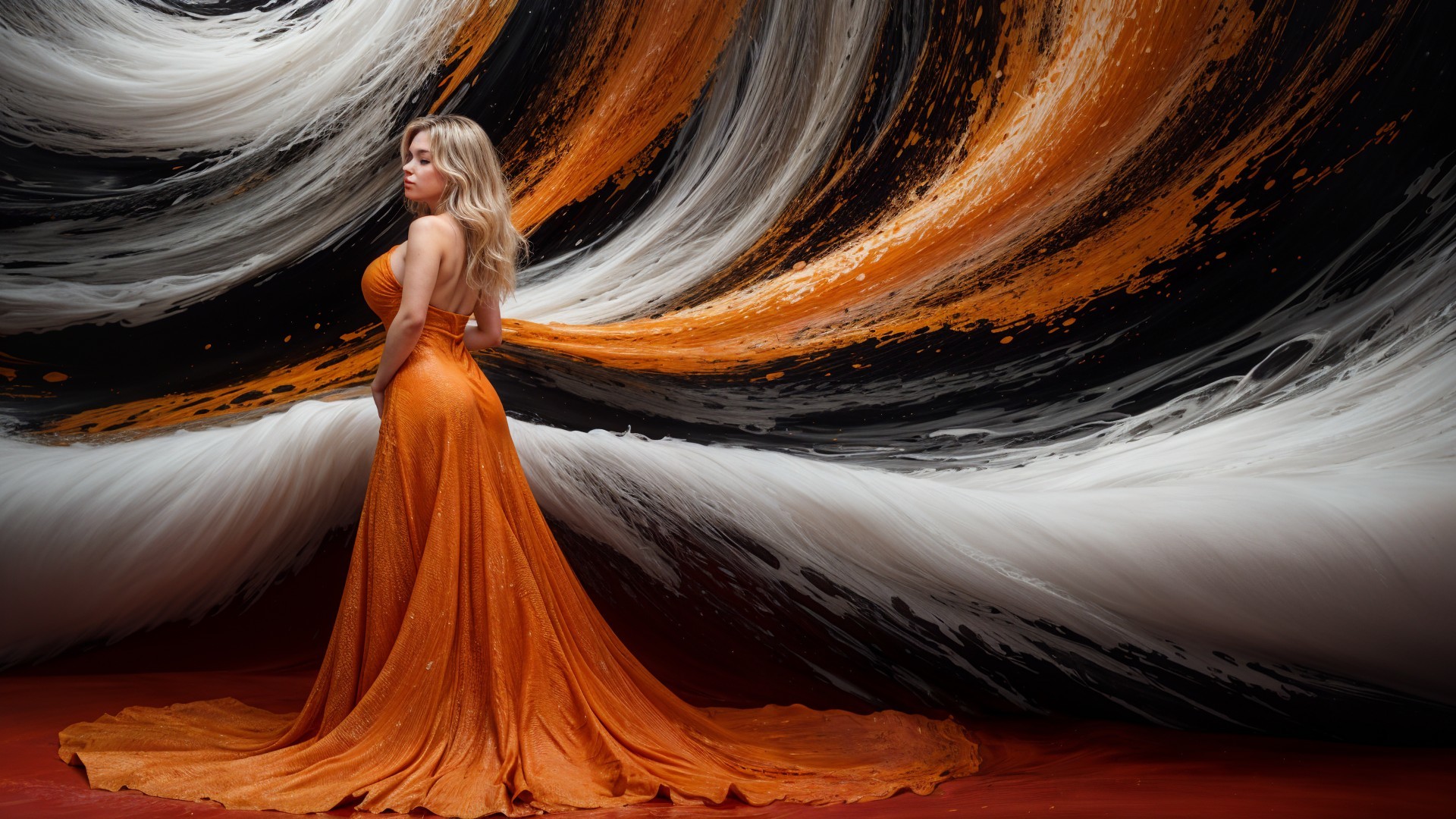 Elegant Woman in Flowing Orange Gown with Dramatic Background