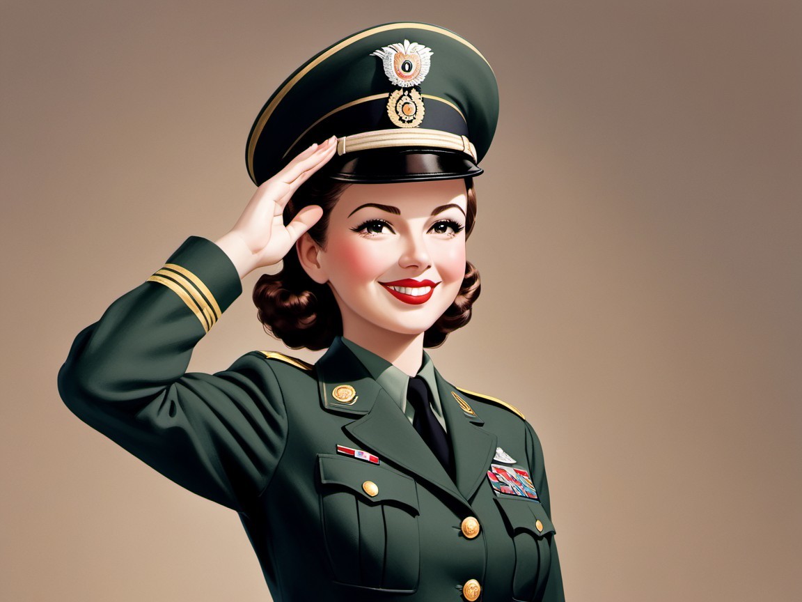 Woman in military uniform saluting with a smile