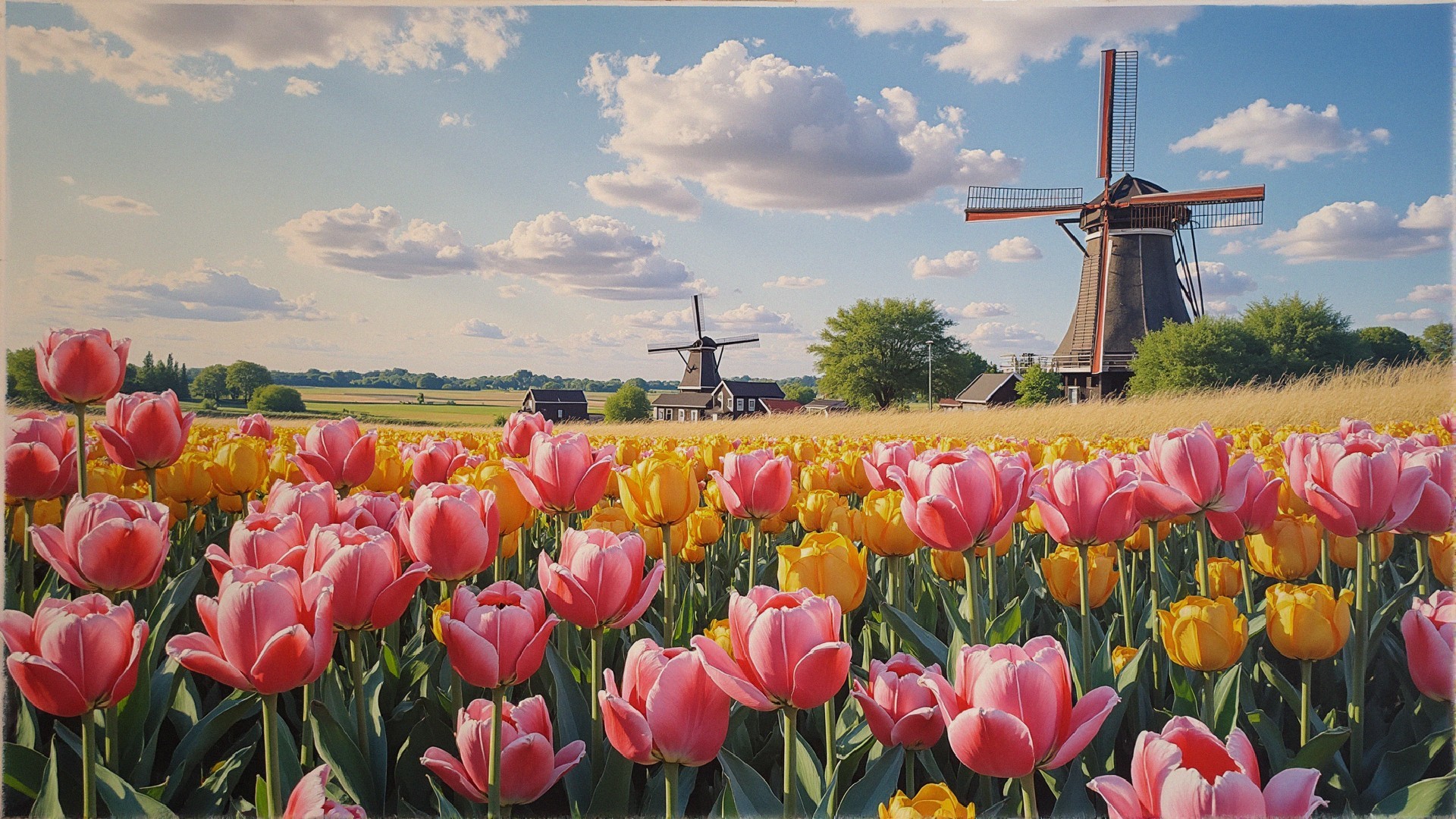 Vibrant Tulip Fields with Windmills and Blue Sky