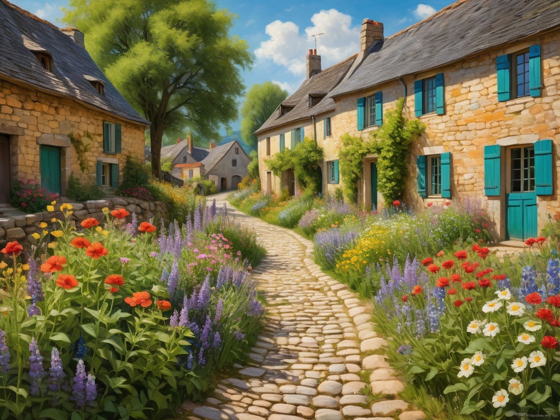 Charming Village with Stone Houses and Flowerbeds