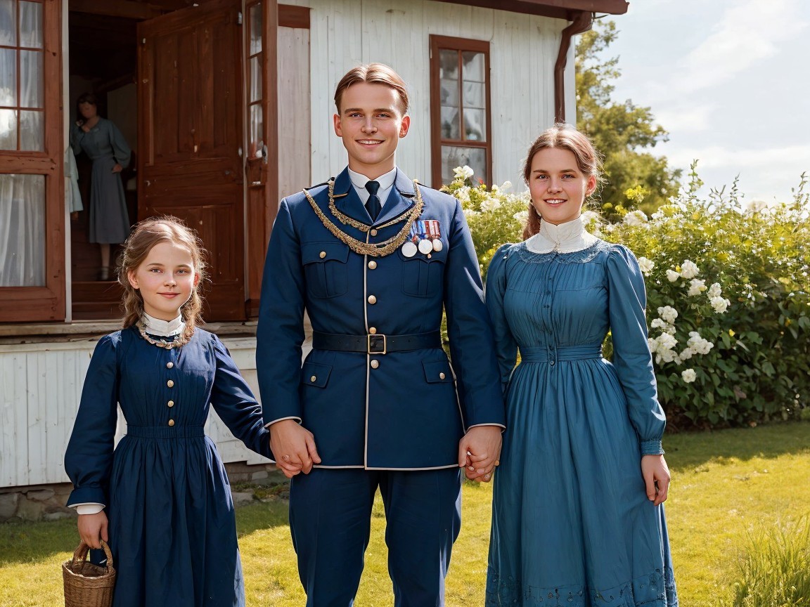Young Man in Military Uniform with Two Women Outdoors