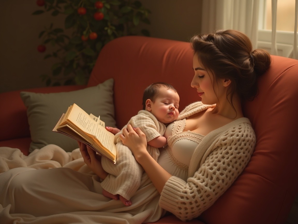 Indoor Scene of Mother Reading to Sleeping Baby