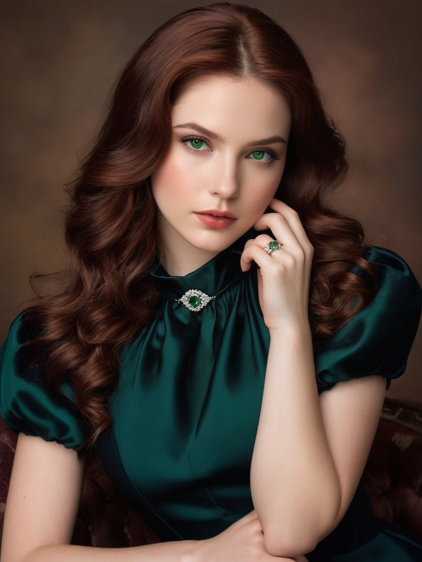 Elegant portrait of a woman in a green satin dress