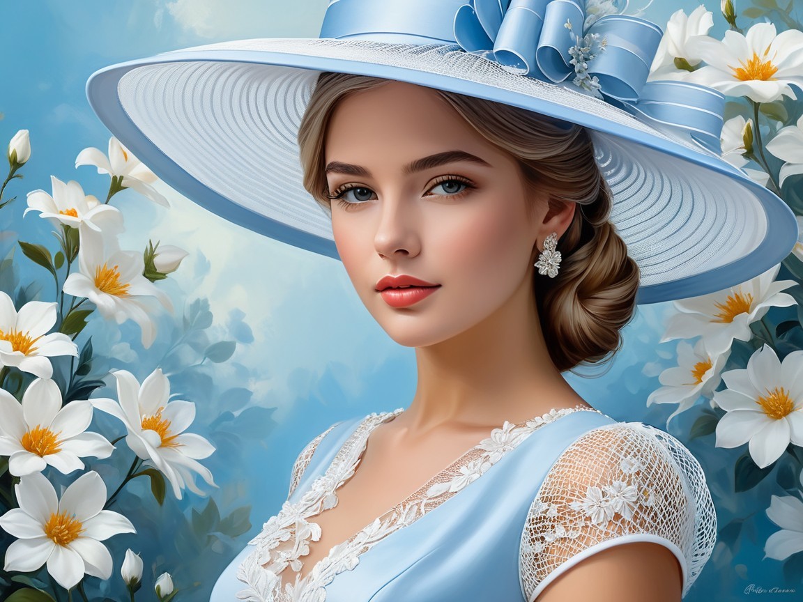 Elegant Young Woman in Blue Dress with Floral Hat