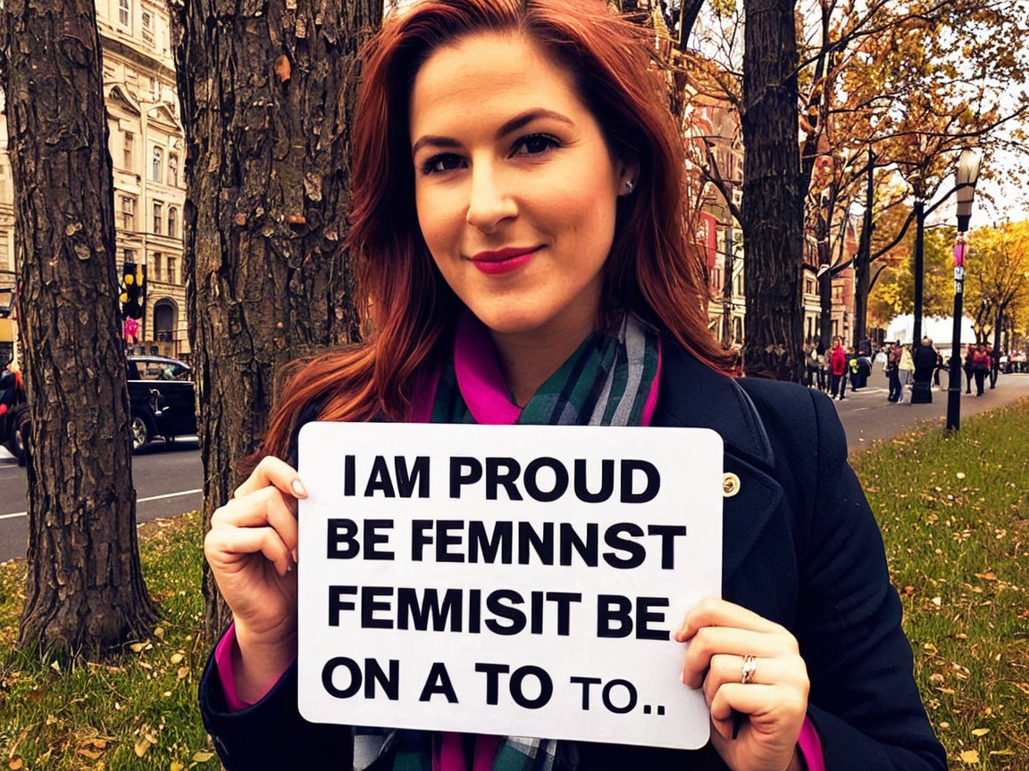 Woman with sign in autumn setting expressing feminism