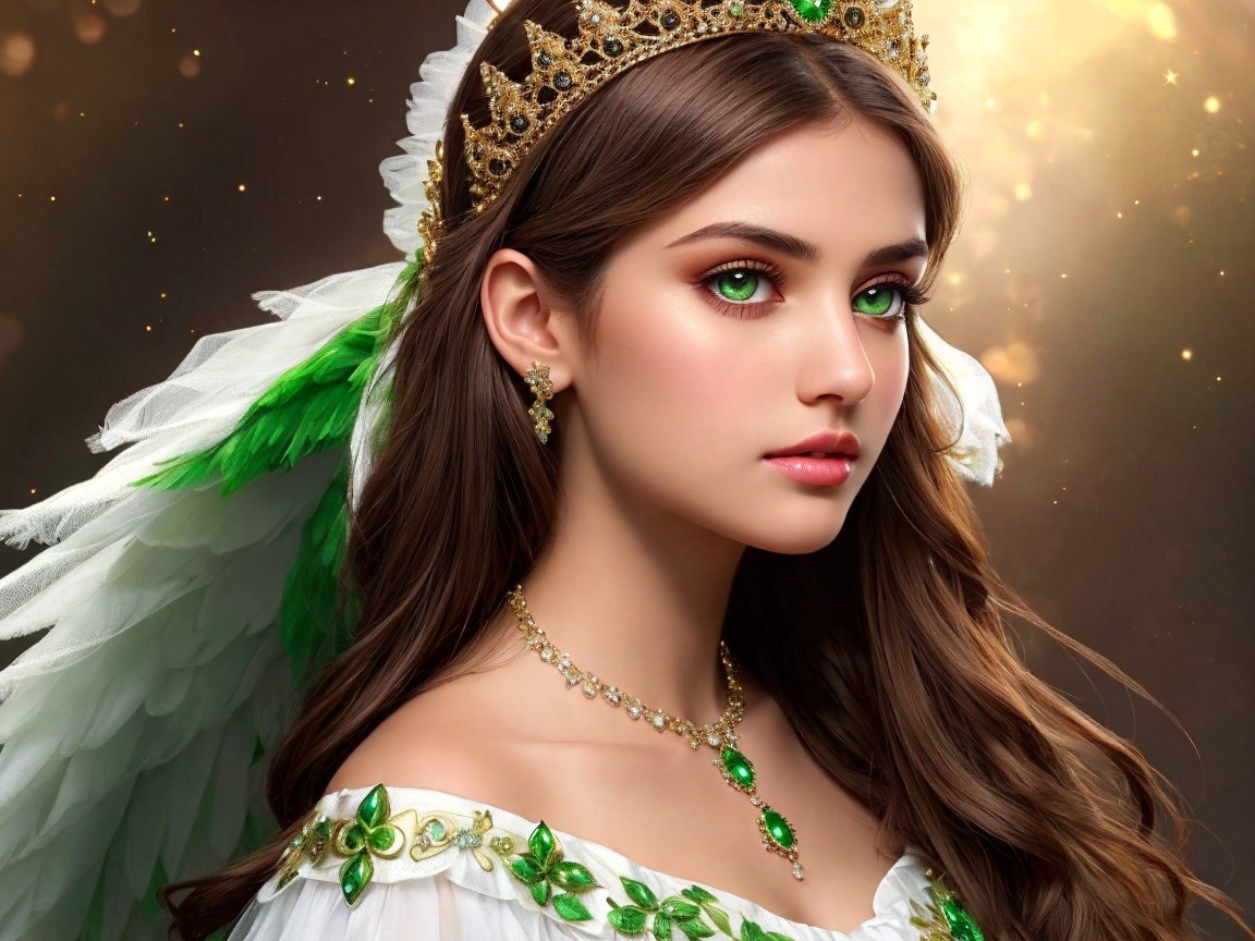 Regal Young Woman with Wings and Emerald Accents
