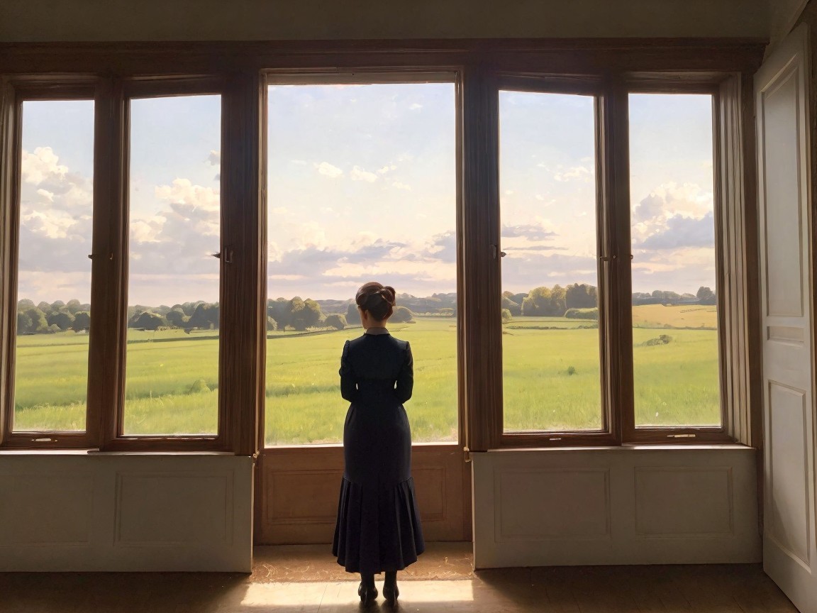 Woman by Window Overlooking Lush Green Landscape