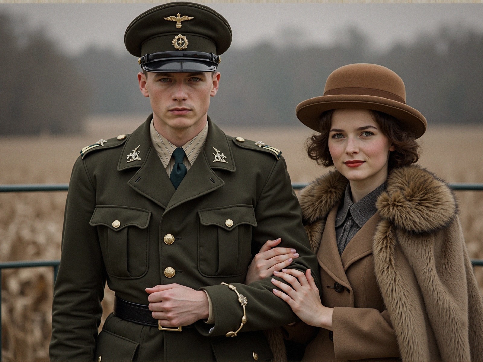 Couple in Vintage Attire Against Serene Outdoor Backdrop