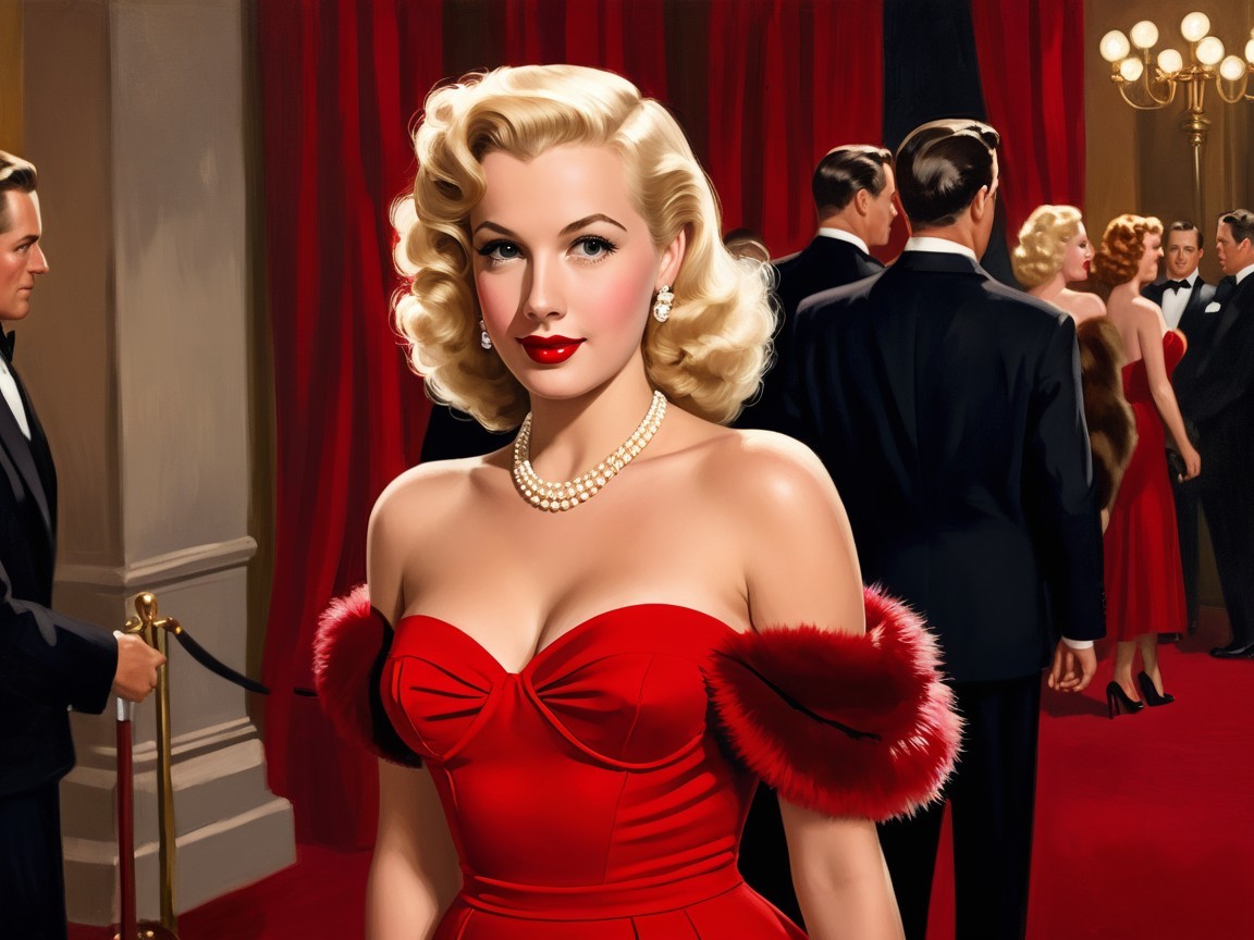 Glamorous Woman in Red Gown at Hollywood Event