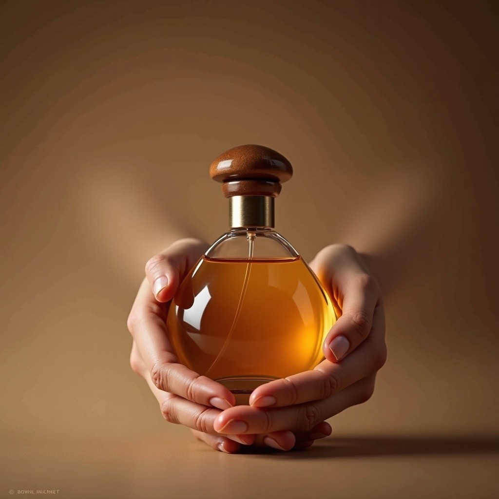 Elegant Hands Holding a Round Perfume Bottle
