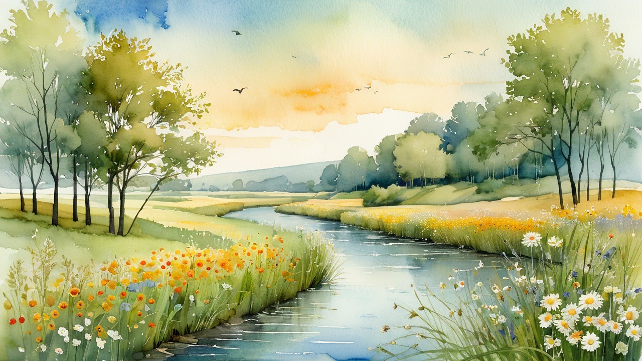 Watercolor Landscape of River and Wildflowers