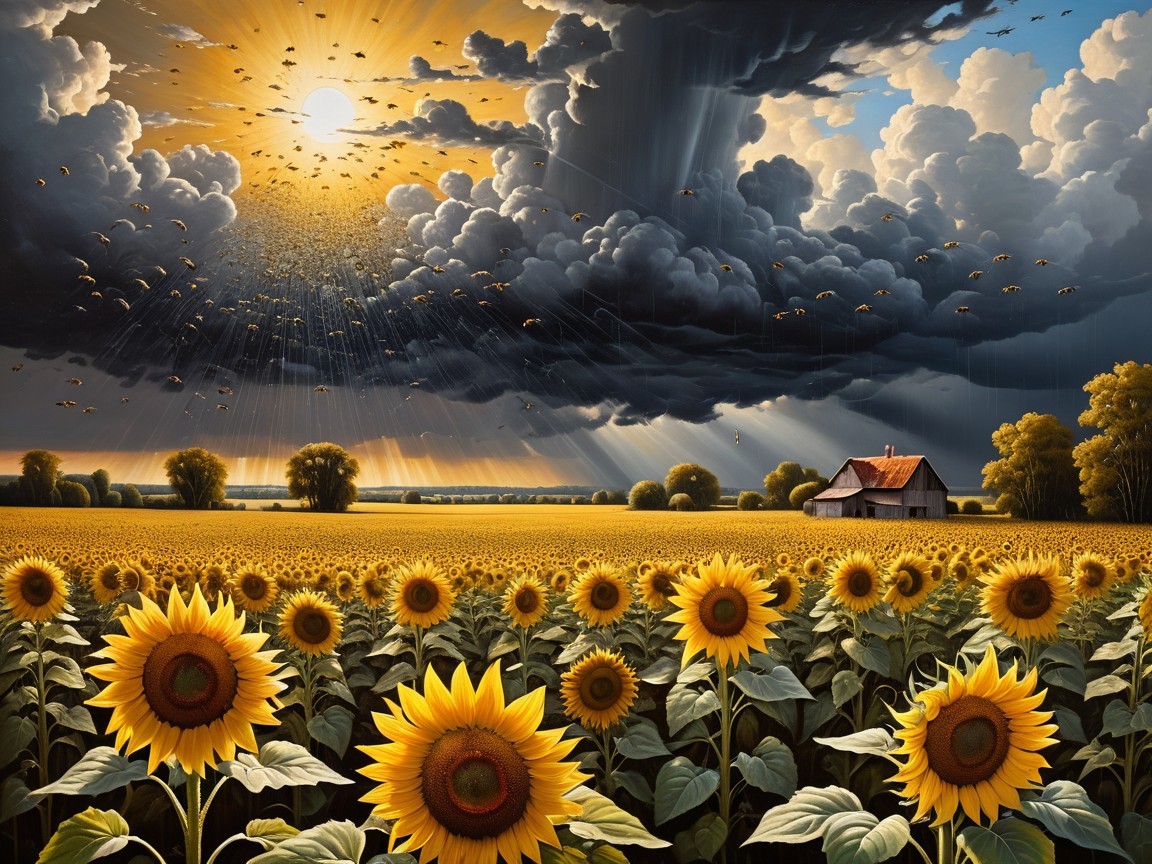 Vibrant Sunflower Field Under Dramatic Skies