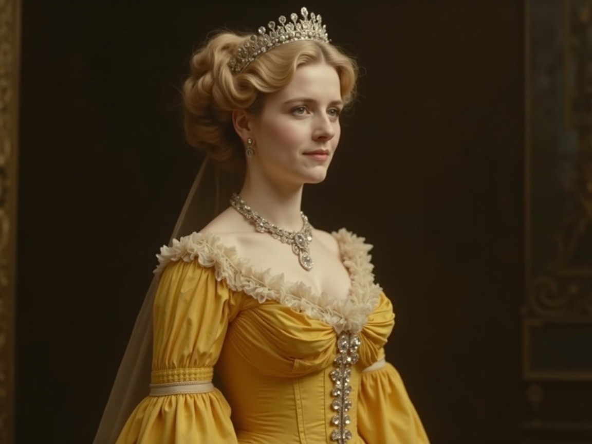 Regal Woman in Elegant Yellow Gown with Tiara