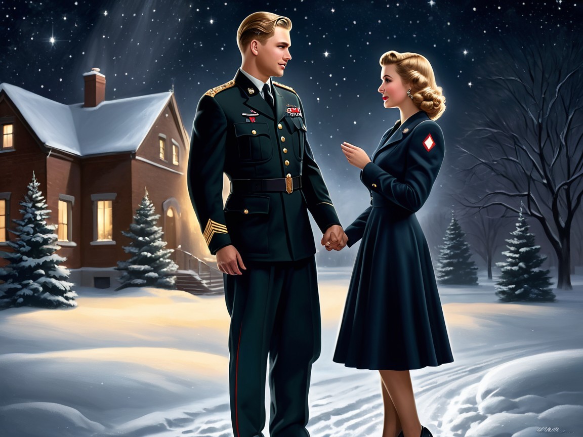 Romantic Winter Scene with Soldier and Woman in Snow