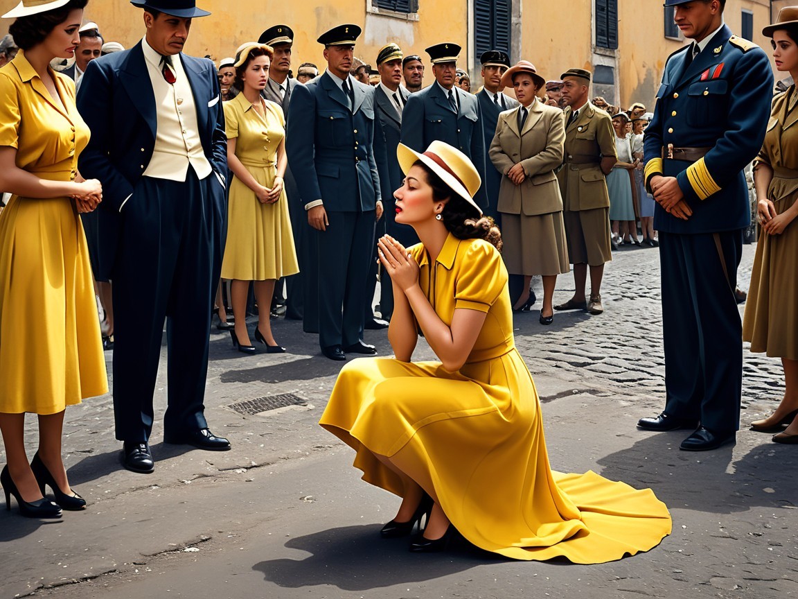 Vibrant Street Scene with Woman in Yellow Dress