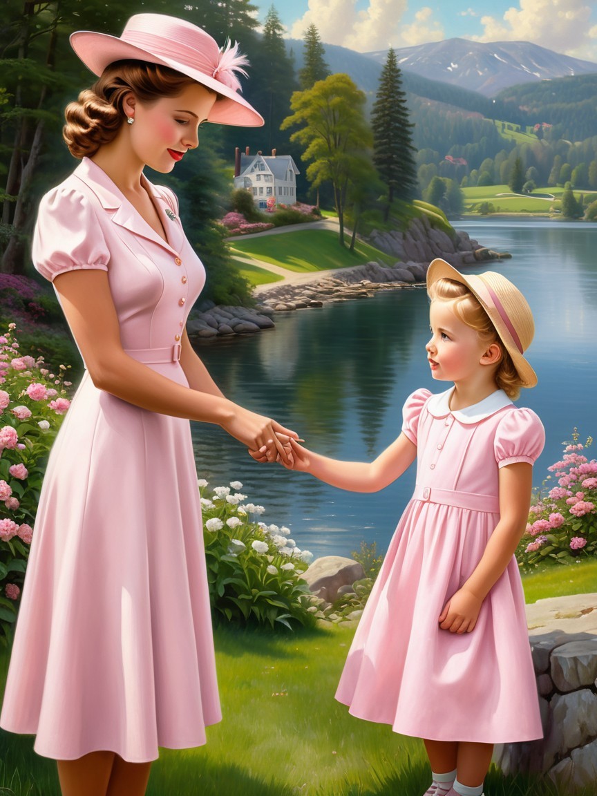 Mother and daughter by a serene lake in pink dresses
